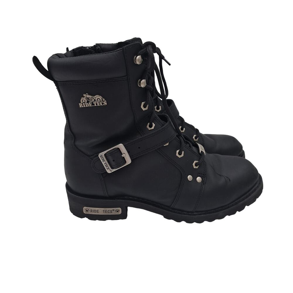 Ride Tecs Biker Motorcycle Riding Boots Black Leather Lace Up Side Zipper 10.5